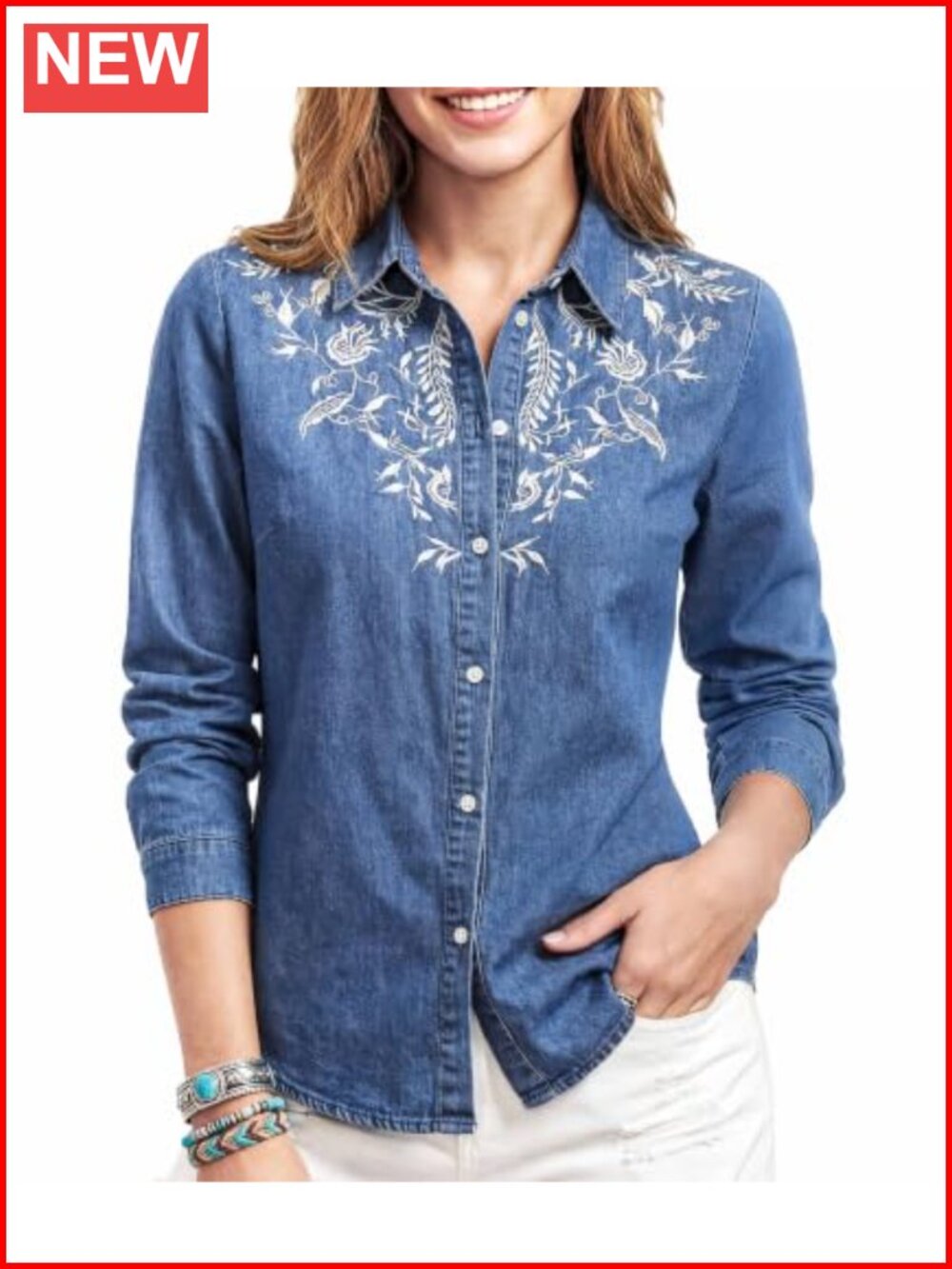 Women's Denim Shirt Button Down Washed Chambray Jean Shirt